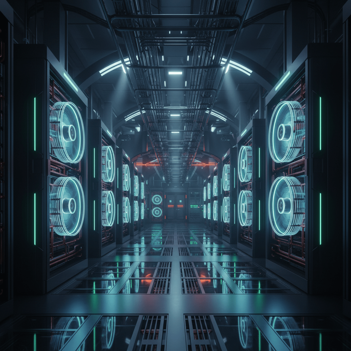 High-tech data center with server racks and cooling systems. Futuristic data center floor with rows of metallic server racks and LED glow.