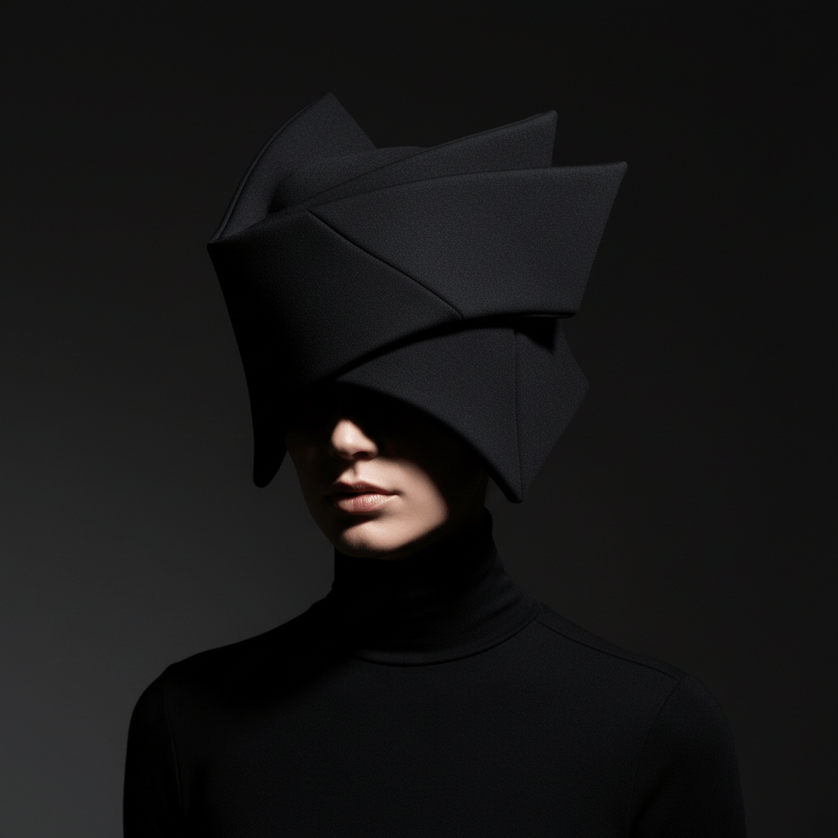 Avant-garde cap with angled shapes and layered neoprene, styled with minimalist fashion.