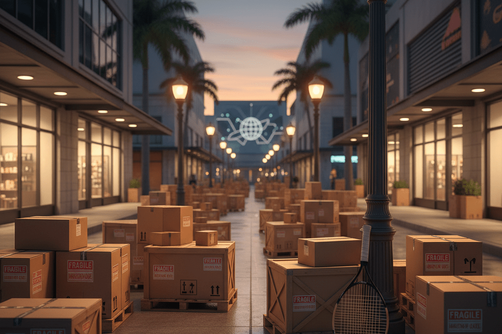 Street view of Miami shops and logistics activity under warm evening lights, reflecting retail-season planning and global commerce connections