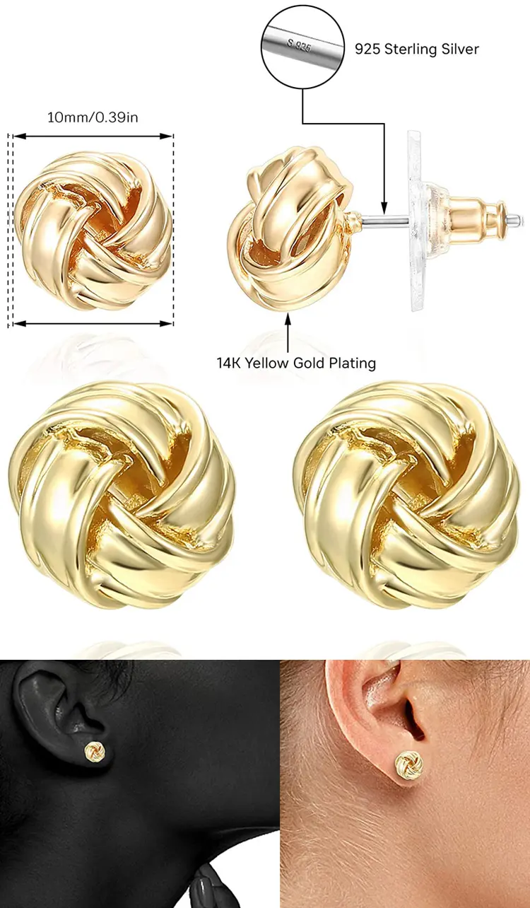 latest fashion women earrings jewelry 14k rose gold plated 925 sterling silver knot stud earrings