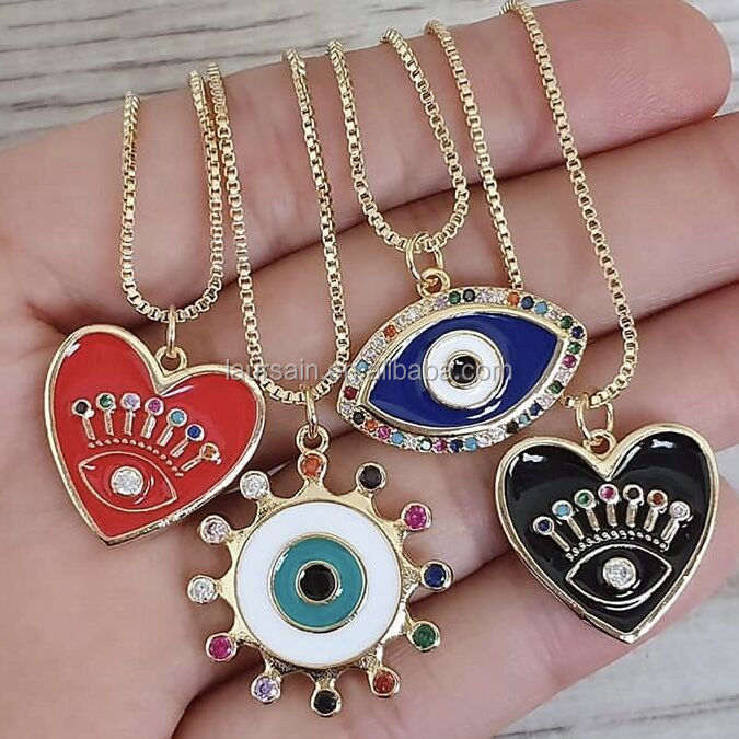 ls-e887 时尚搪瓷心形眼睛项链滴油饰品镀金 cz 吊坠项链