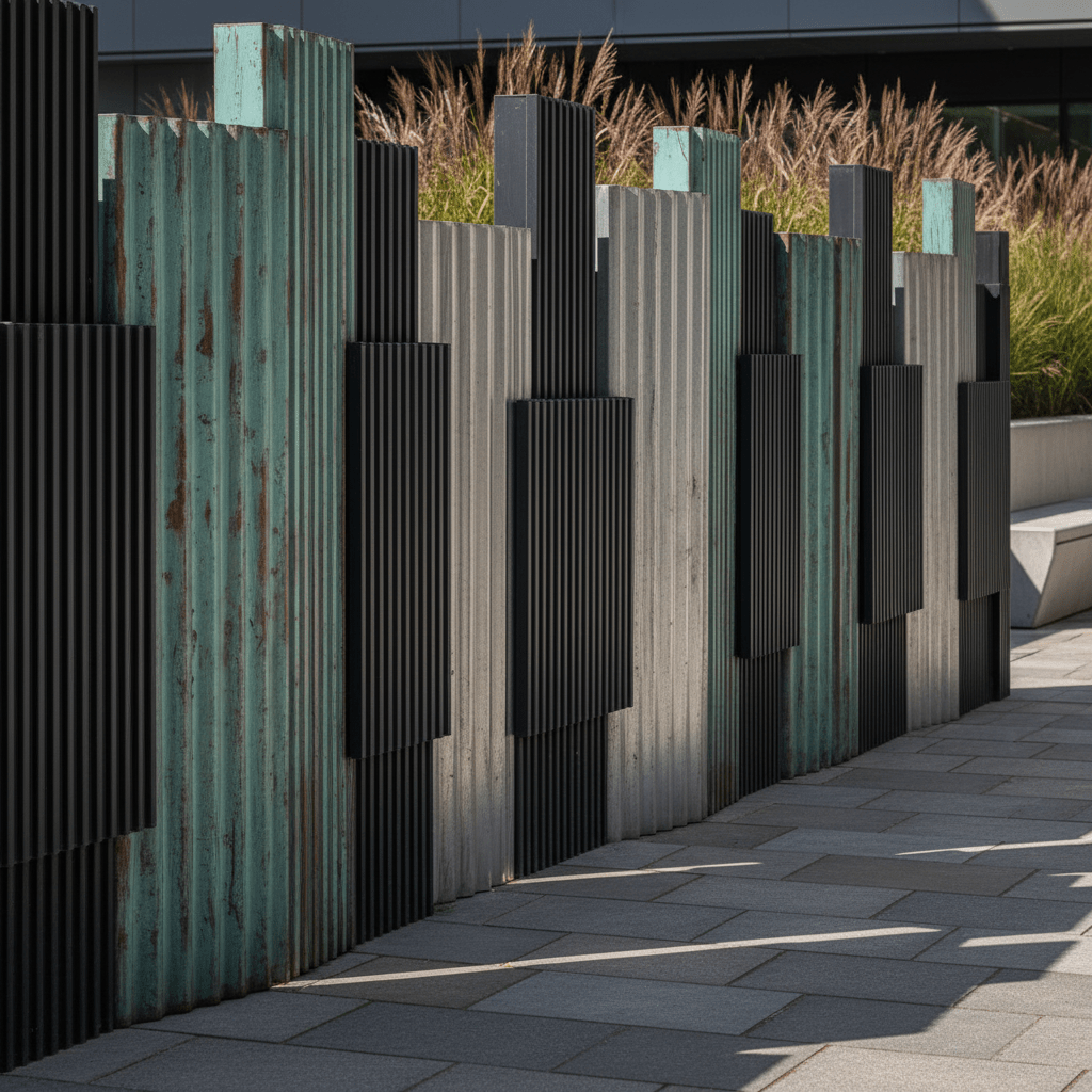 Multi-depth corrugated metal fence panels create a dynamic sculptural effect.