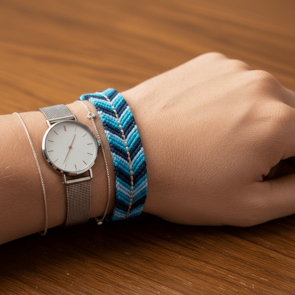 Hand wearing a blue chevron friendship bracelet with rose gold detail on a wooden table.
