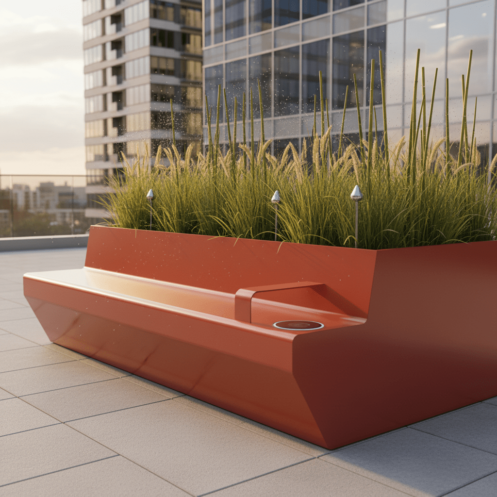 Sleek terracotta red aluminum planter bench on a campus terrace with smart irrigation.