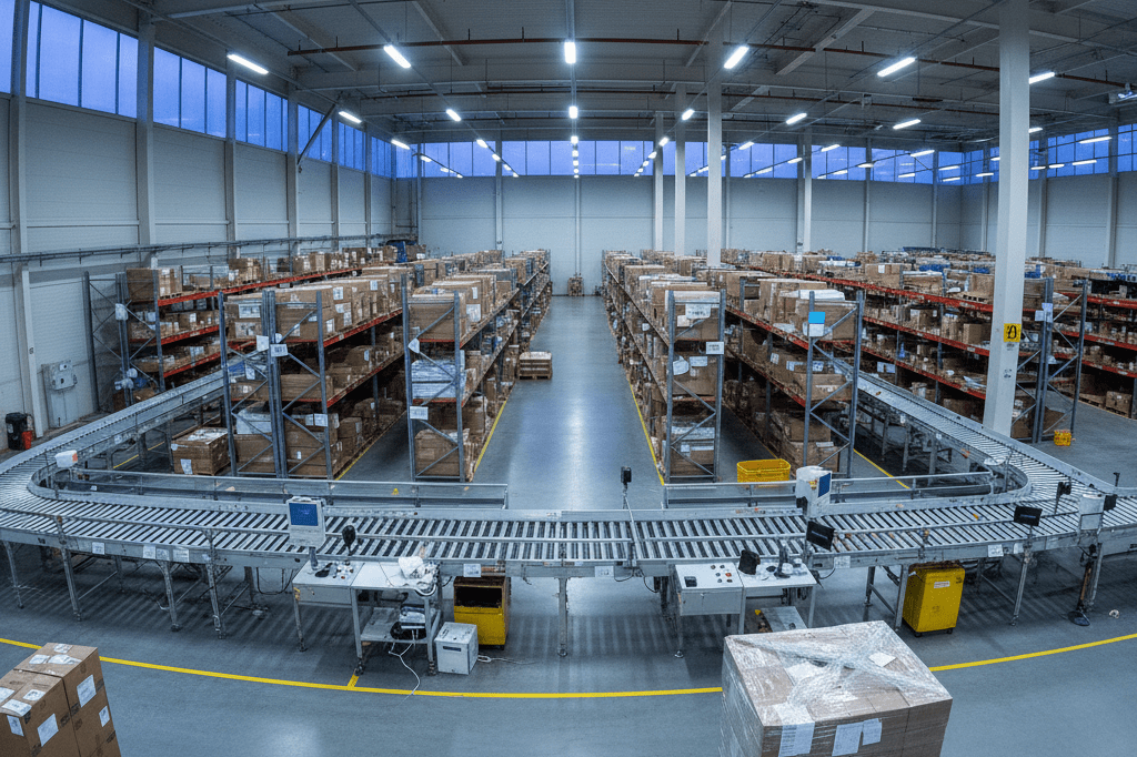 Idle warehouse with conveyor belts and packages under ambient light, symbolizing operational disruption caused by platform outages