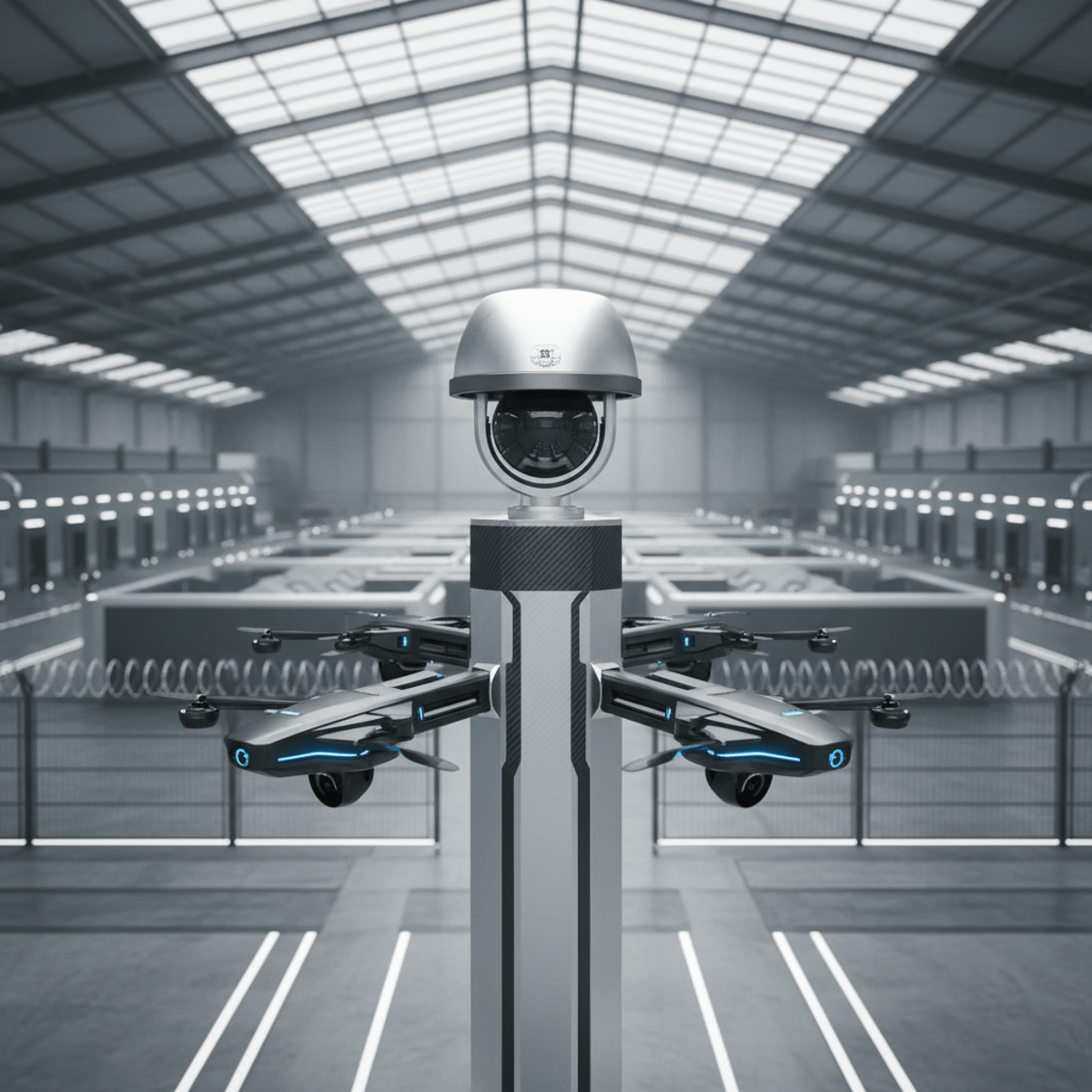 Futuristic security camera base station with drone arms in a vast industrial facility.