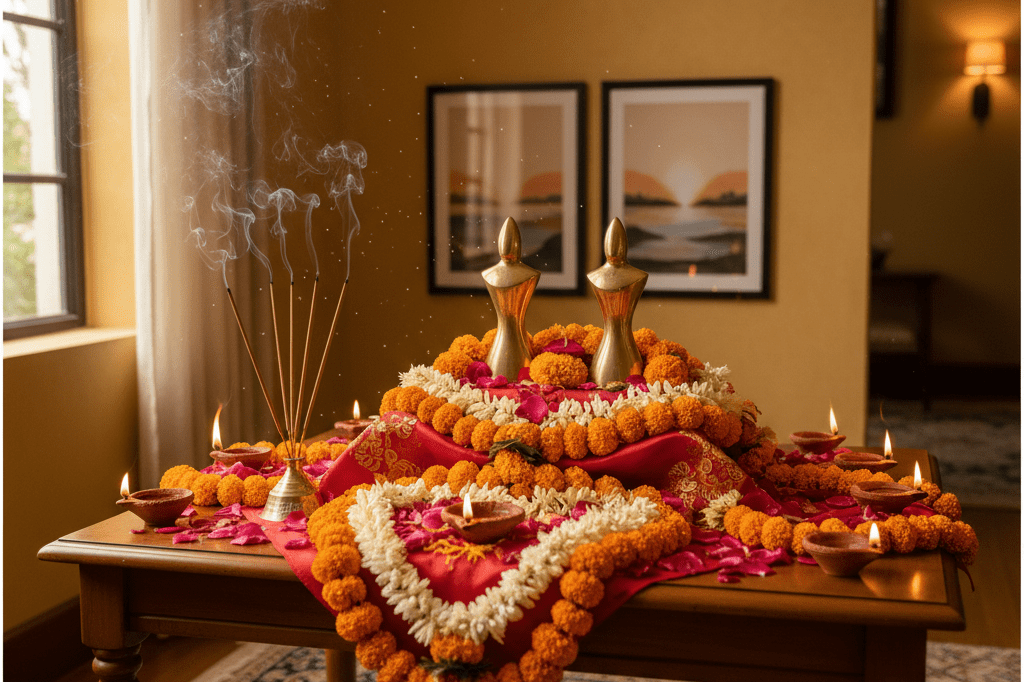 Decorative arrangement of flowers, diyas, and incense on a home altar for Ram Navami, lit by natural daylight and ambient indoor light