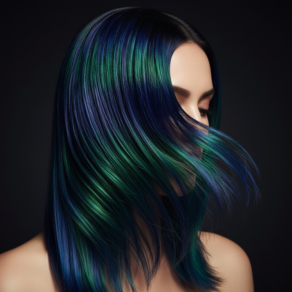 Model with slick oil hair, showcasing a blend of sapphire, emerald, and violet tones.