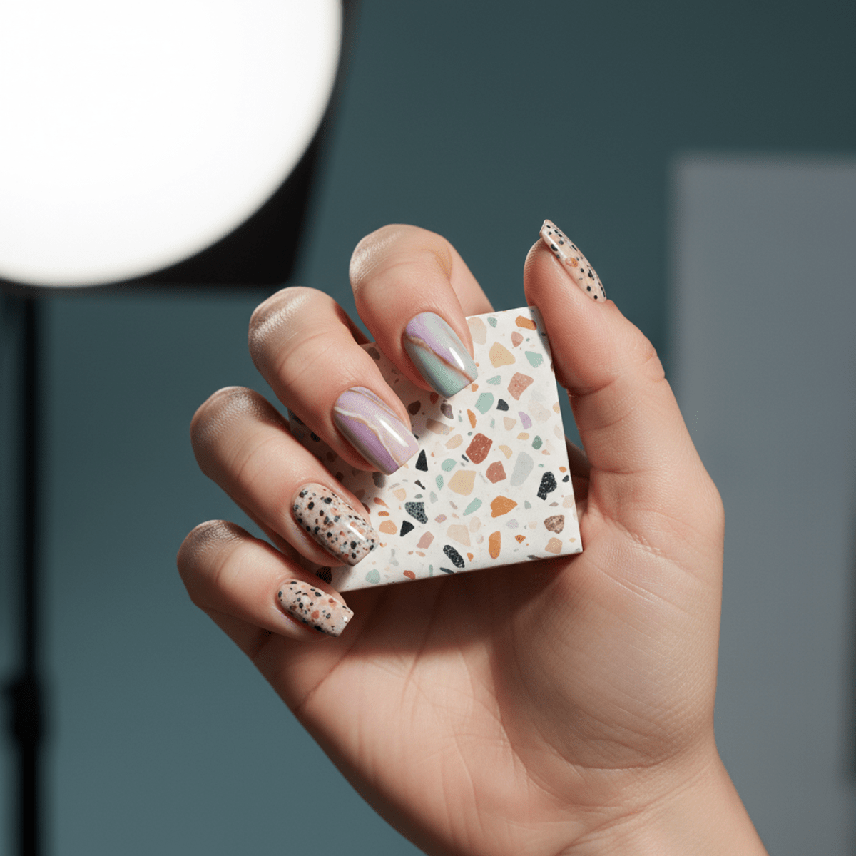 Fashion nails with marble and granite effects, showcasing delicate veining and matte texture.