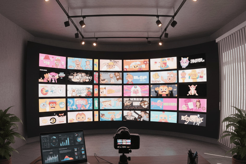 Wide shot of a video studio featuring analytics dashboards, camera gear, and screens showcasing humorous thumbnails under ambient lighting