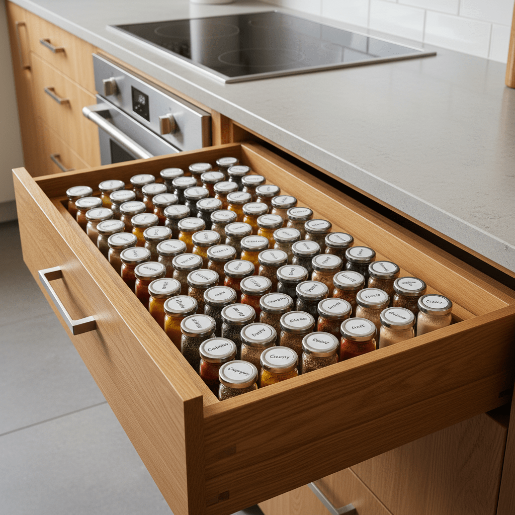 Warm oak kitchen drawer with angled spice rack and vibrant spice jars.