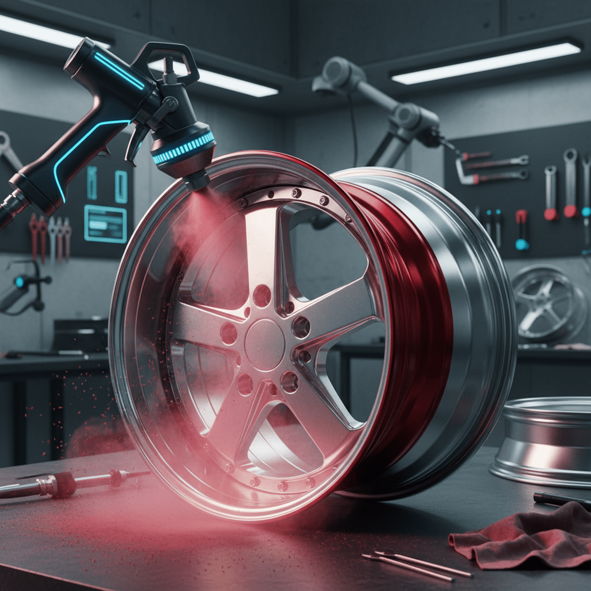 Powder coating gun applies ruby-red powder to a polished chrome wheel rim.