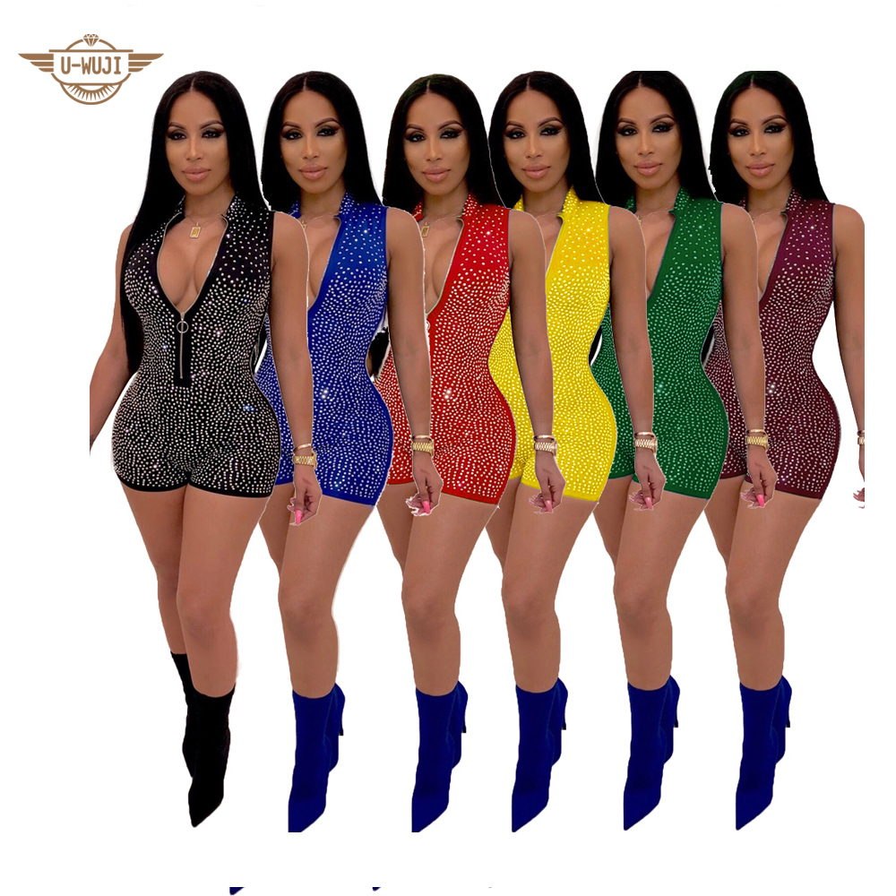 Лидер продаж Amazon, женские комбинезоны на молнии с блестящими бусинами, сексуальная клубная одежда