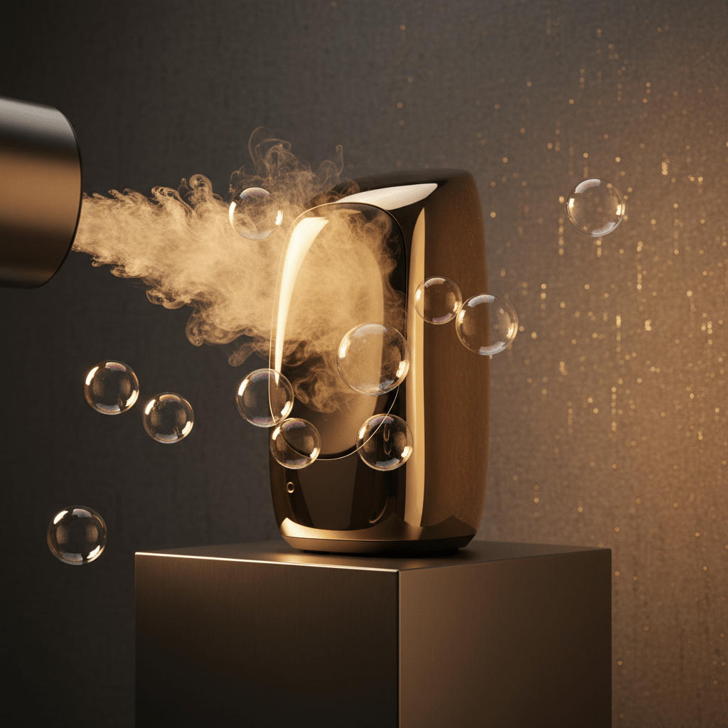 Elegant product reveal with golden mist bubbles on a pedestal.