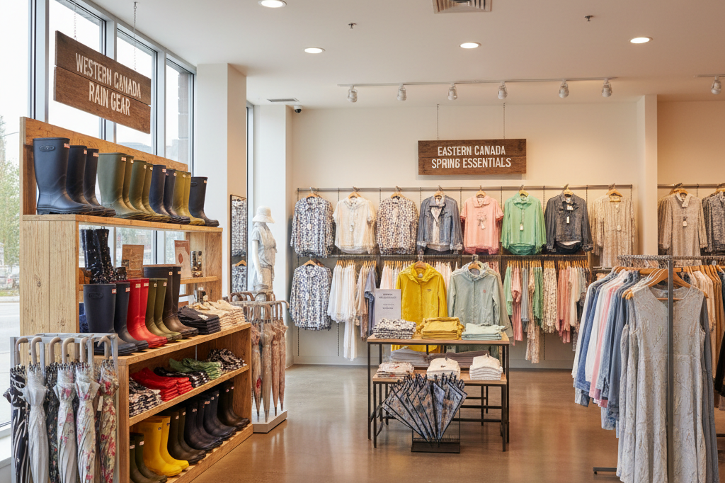 Wide shot of retail store displaying weather-specific seasonal products under natural and ambient lighting.