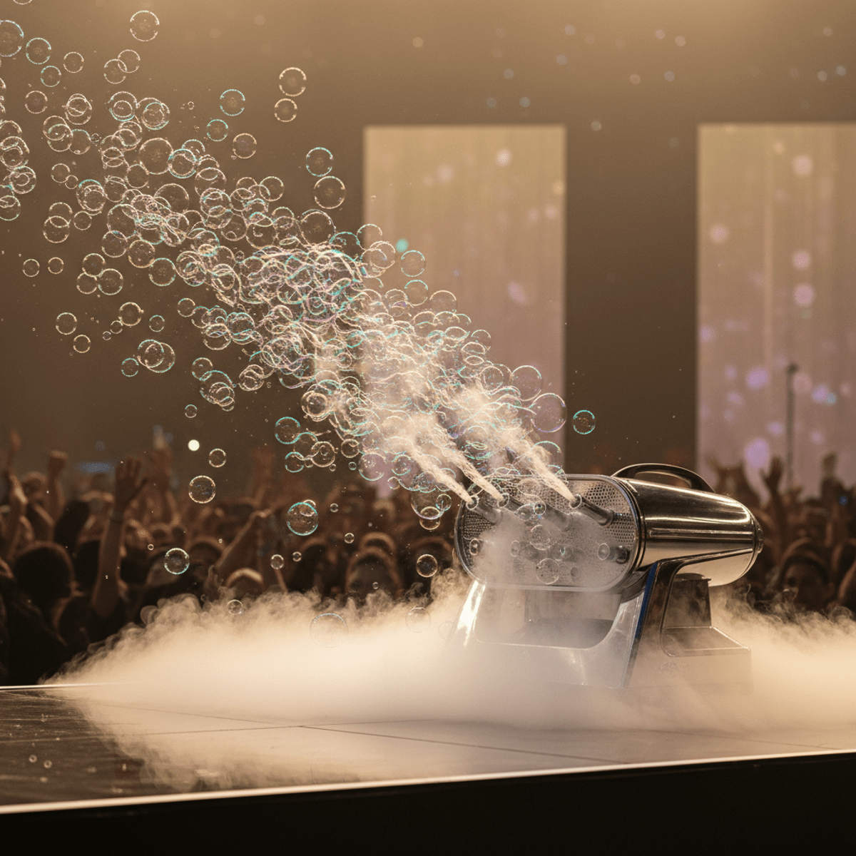 Professional fog machine creates glowing pastel bubbles and silvery fog on a concert stage.