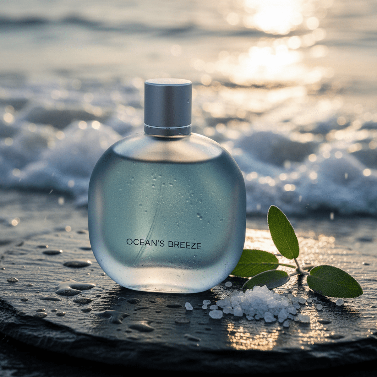 Frosted blue-grey glass cologne bottle with sage and sea salt on wet stone.