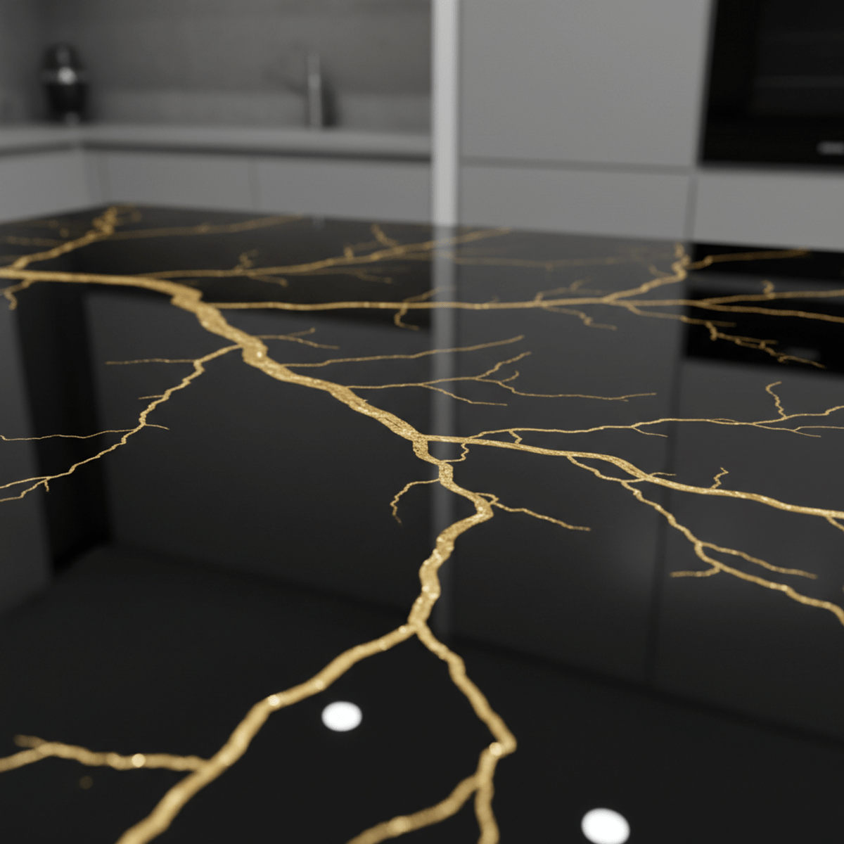 Luxury black epoxy countertop with shimmering gold veins, inspired by kintsugi art.