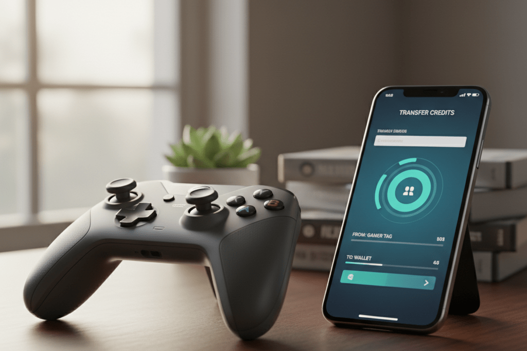 Close-up view of a gaming controller next to a generic digital transfer app under natural light