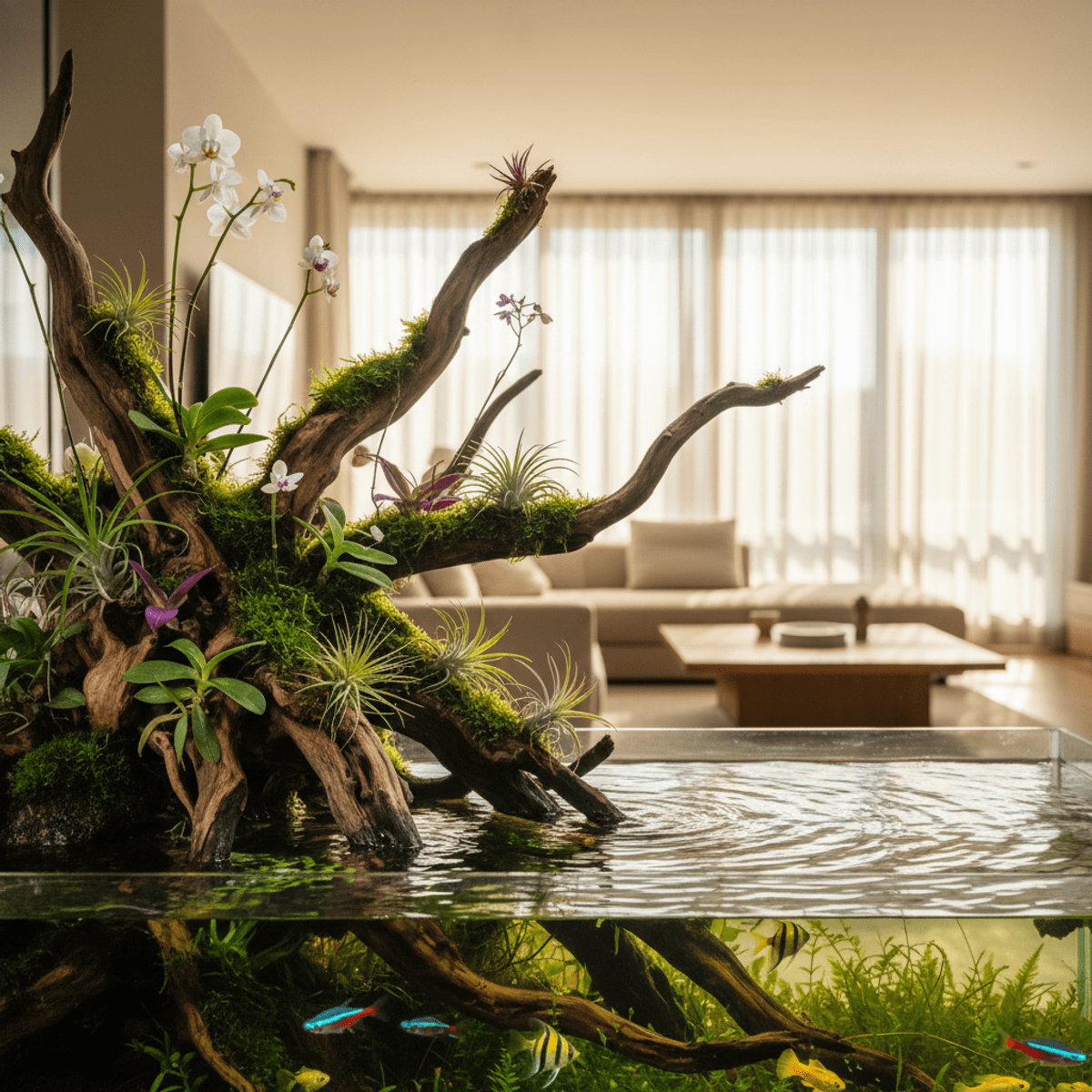Immersive biophilic aquarium with intricate Mopani wood, moss, orchids, and tropical fish.