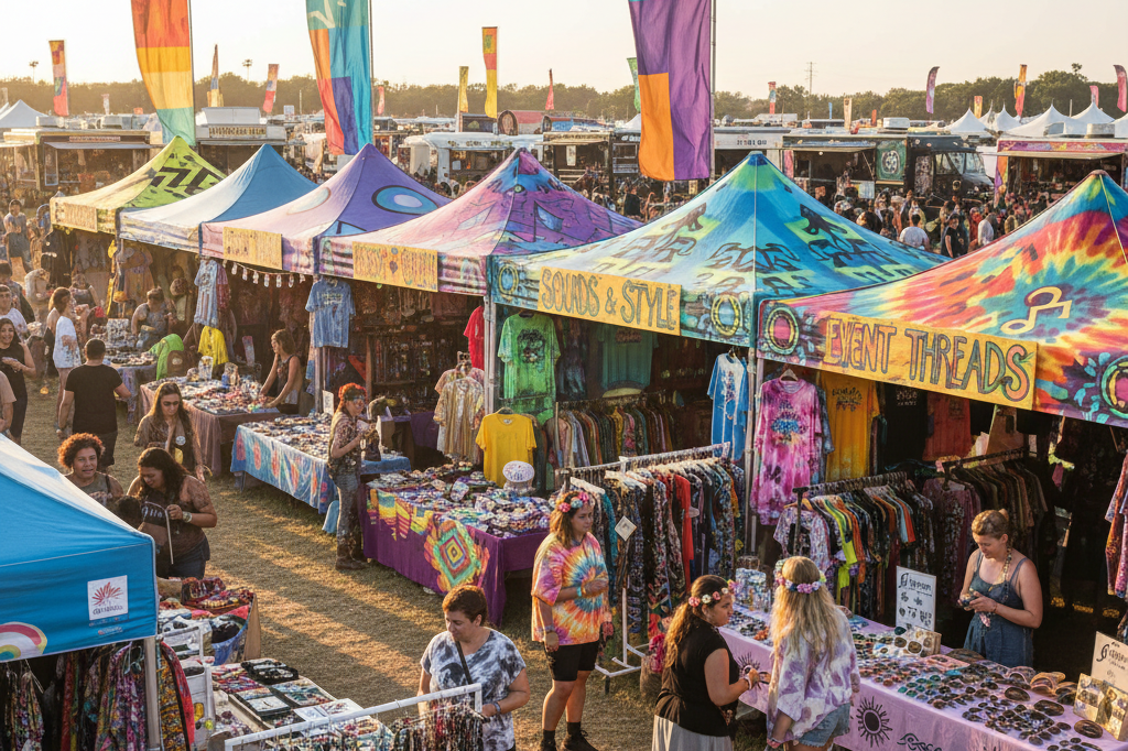 Outdoor market filled with festival-themed merchandise during a sunny day, highlighting retail strategies driven by event economies