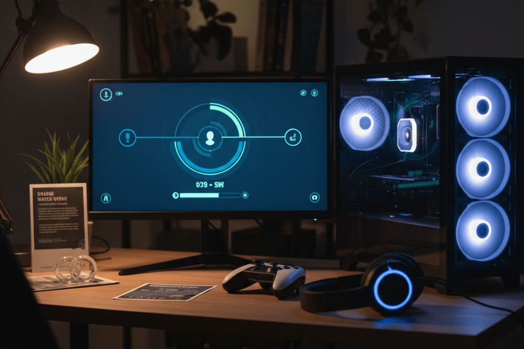 Photorealistic medium shot of a dimly lit gaming desk showing dual monitors with cooperative UI elements, interlocked rings, and a controller under warm ambient light