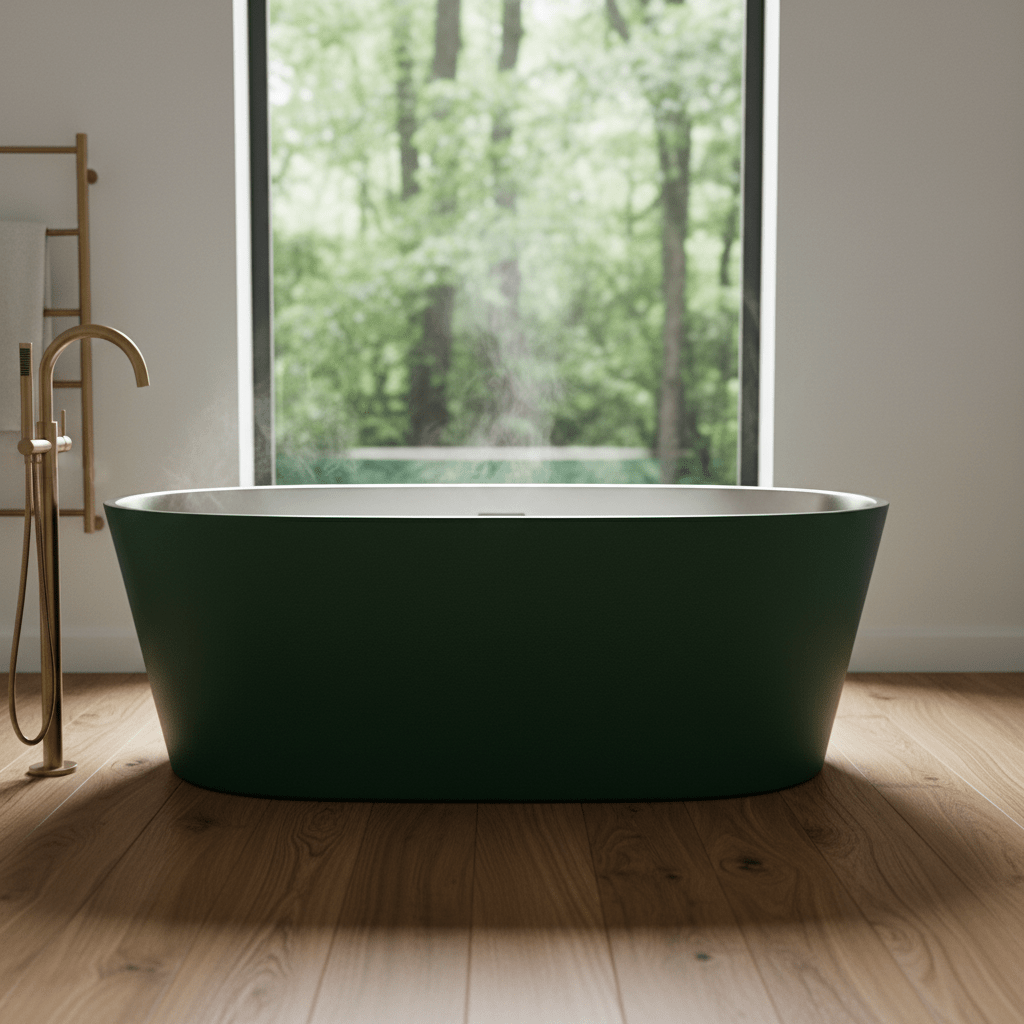 Elegant oval green powder-coated steel tub in a modern bathroom with oak floors.