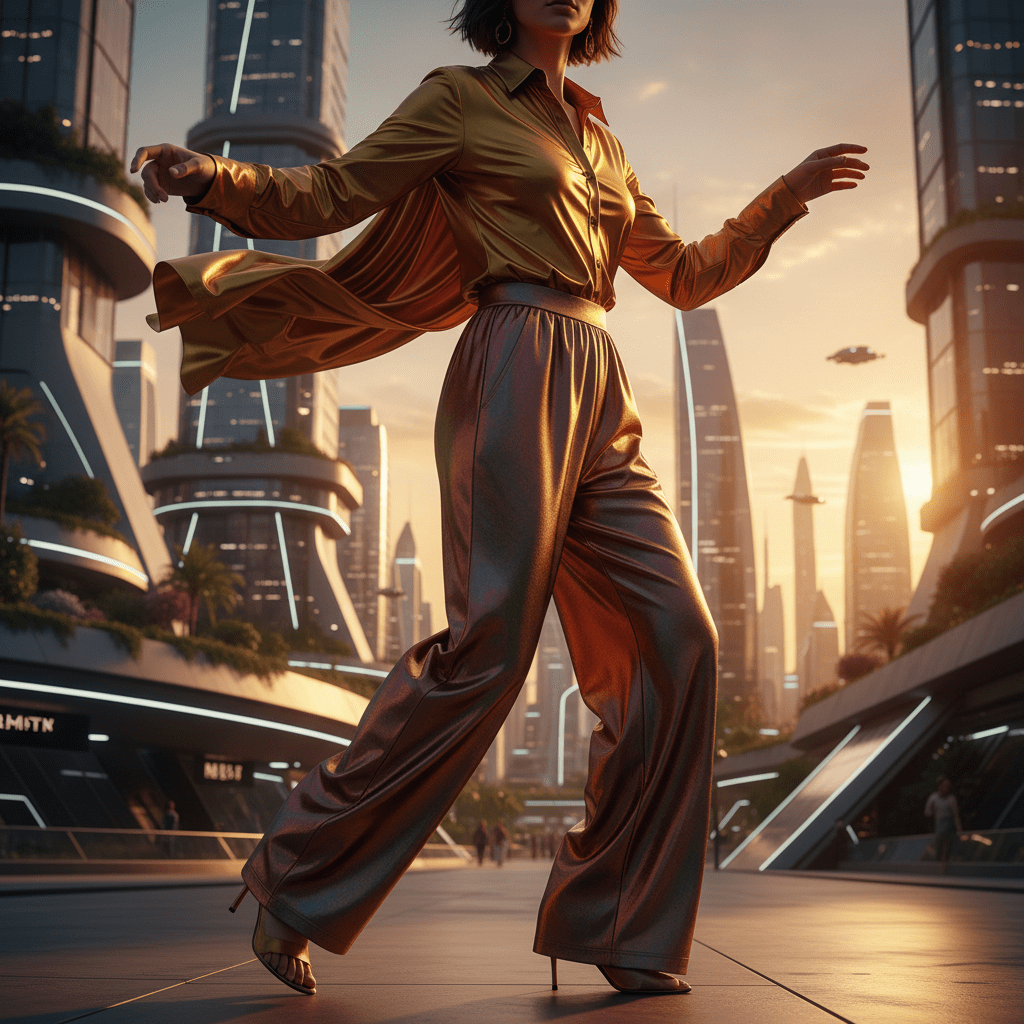Golden blouse and iridescent copper trousers in a futuristic city at golden hour.