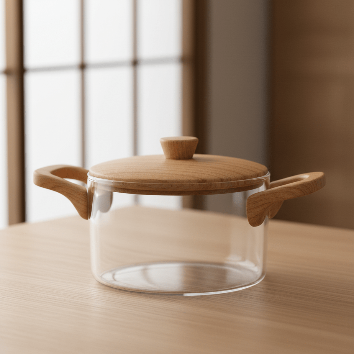 Clear glass cooking pot with beechwood handles on a light oak kitchen counter.
