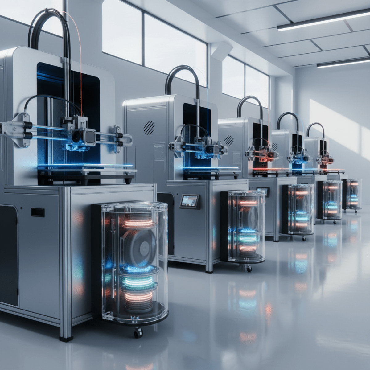 Modern 3D printers in a clean manufacturing facility. Sleek 3D printers operate in a pristine manufacturing facility with air purifiers.