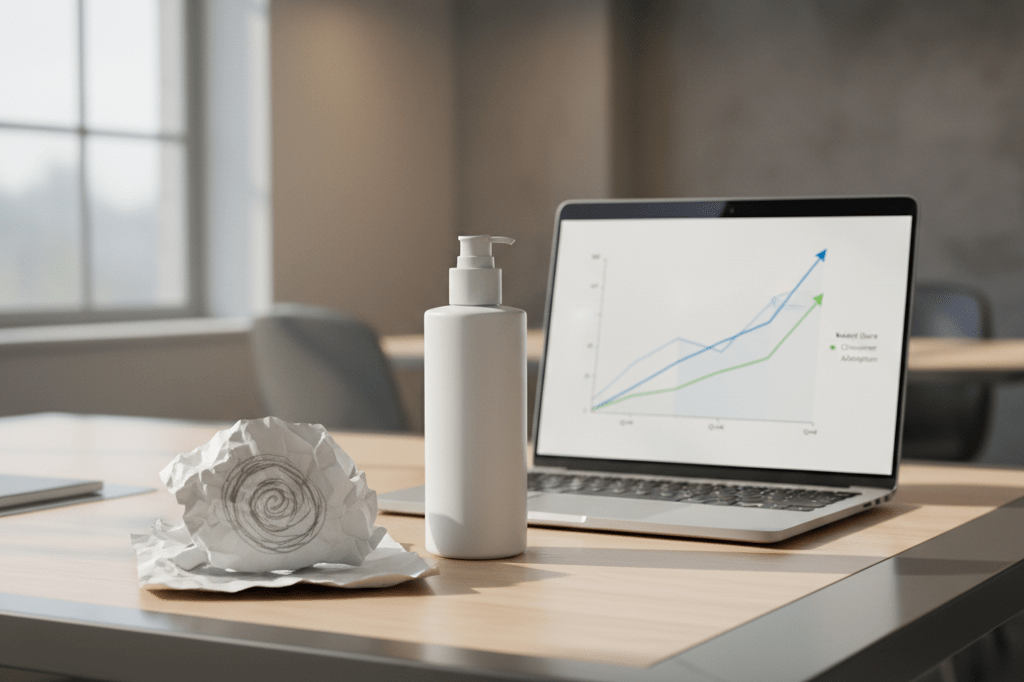 Close-up of branding sketches and product mockups under natural light, highlighting risks of genericization