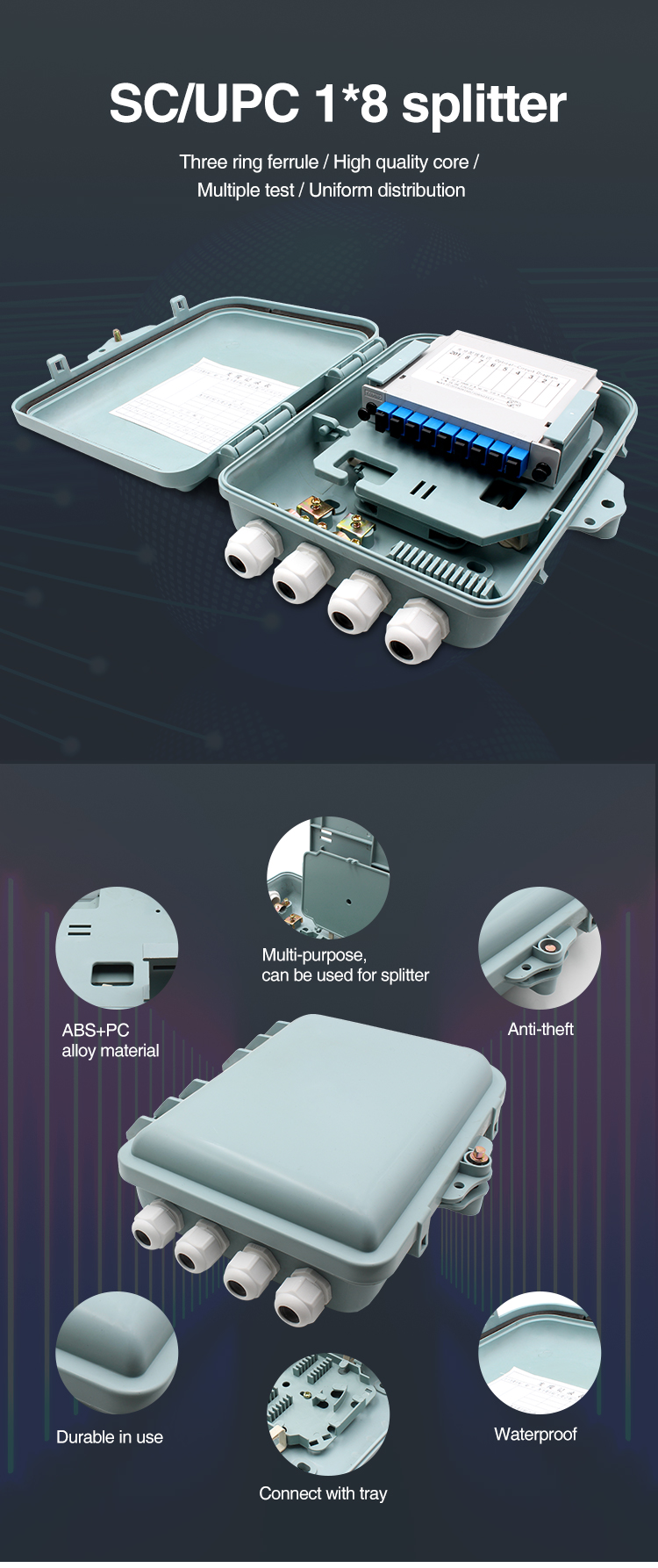 1X8 FTTH Distribution Box 8 Cores Cable Junction Box With Terminal Block