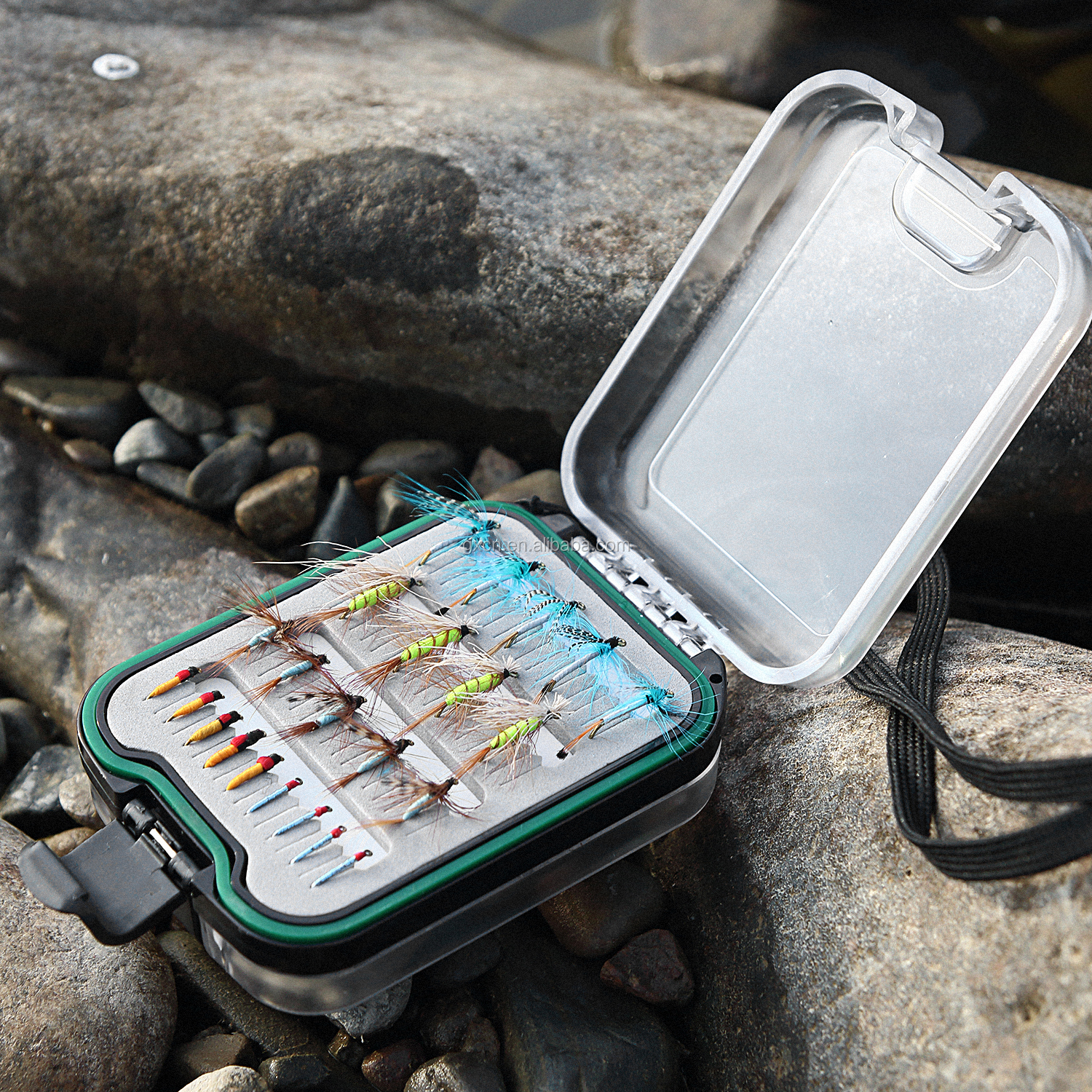 sf 塑料防水口袋飞钓鱼盒双面透明盖子易狭缝泡沫钓鱼盒小透明盒
