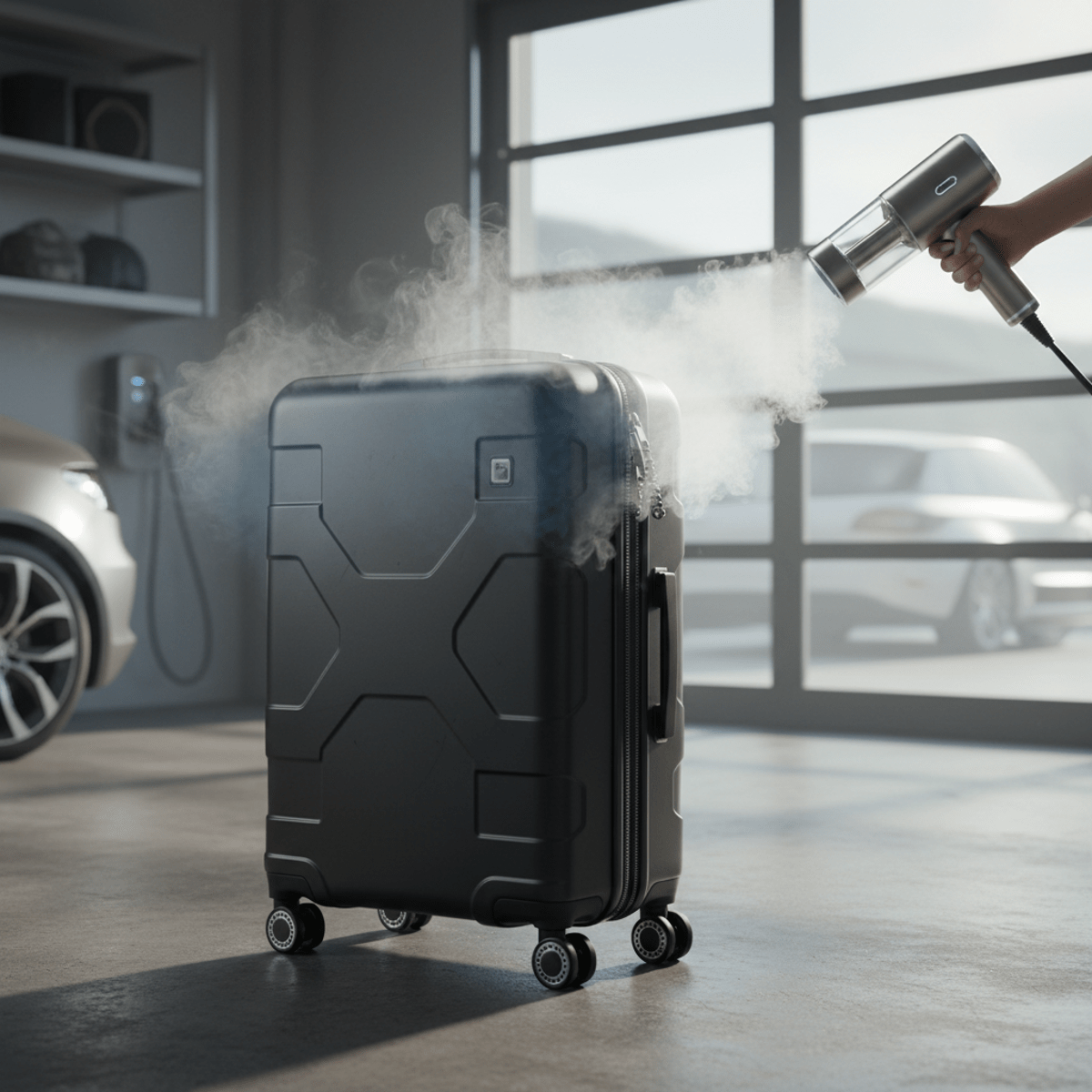 Sleek black suitcase being cleaned with a portable steamer in a bright garage.