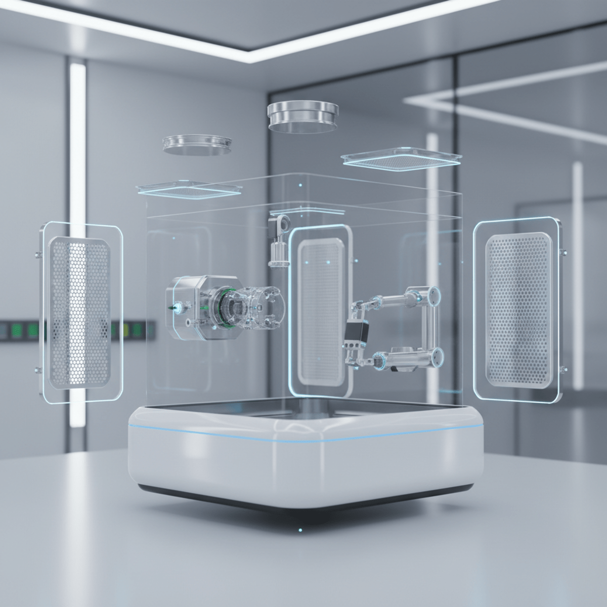 Exploded view of advanced laminar flow hood with modular attachments in a futuristic lab.