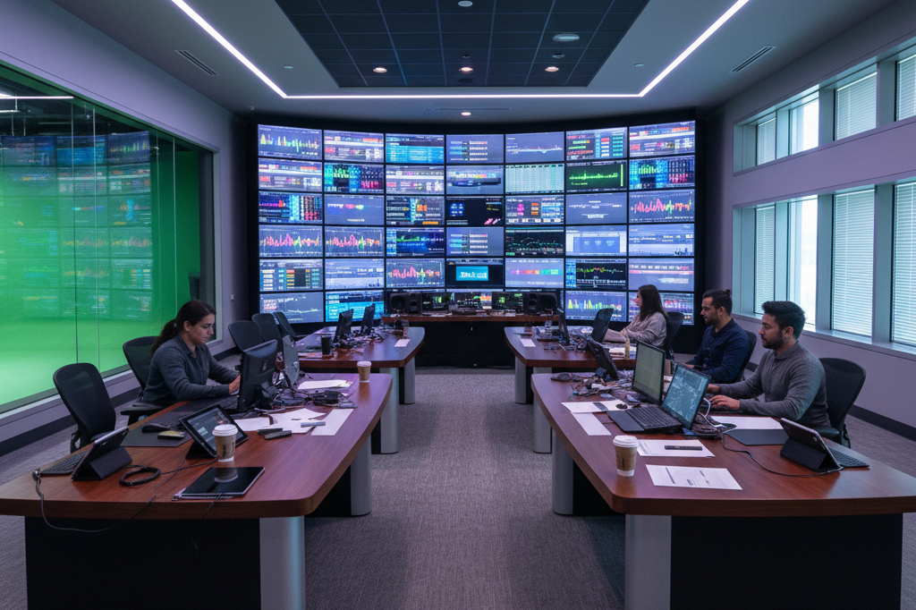 Modern studio control room with advanced tech, lit by natural and ambient light, reflecting hybrid broadcast trends