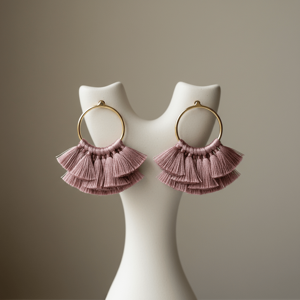 Delicate micro-tassel earrings with silk threads on gold hoops, displayed on an ivory stand.