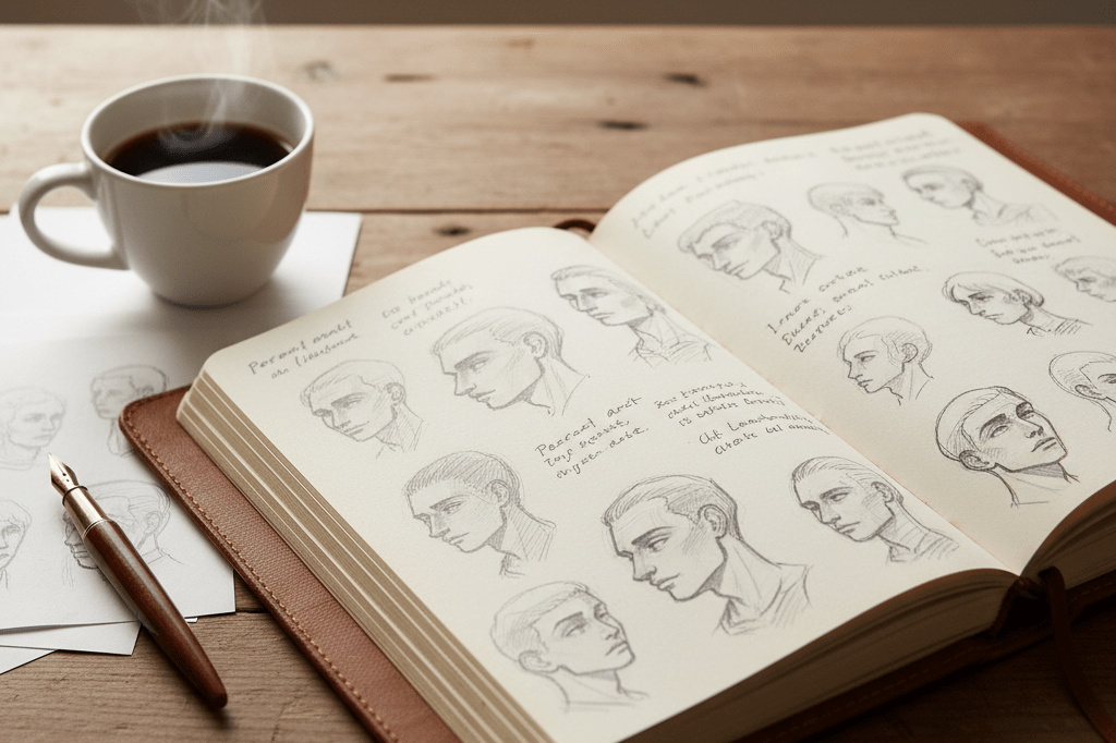 Leather-bound notebook with sketches and notes about character creation, lit by soft natural light, symbolizing narrative-driven branding