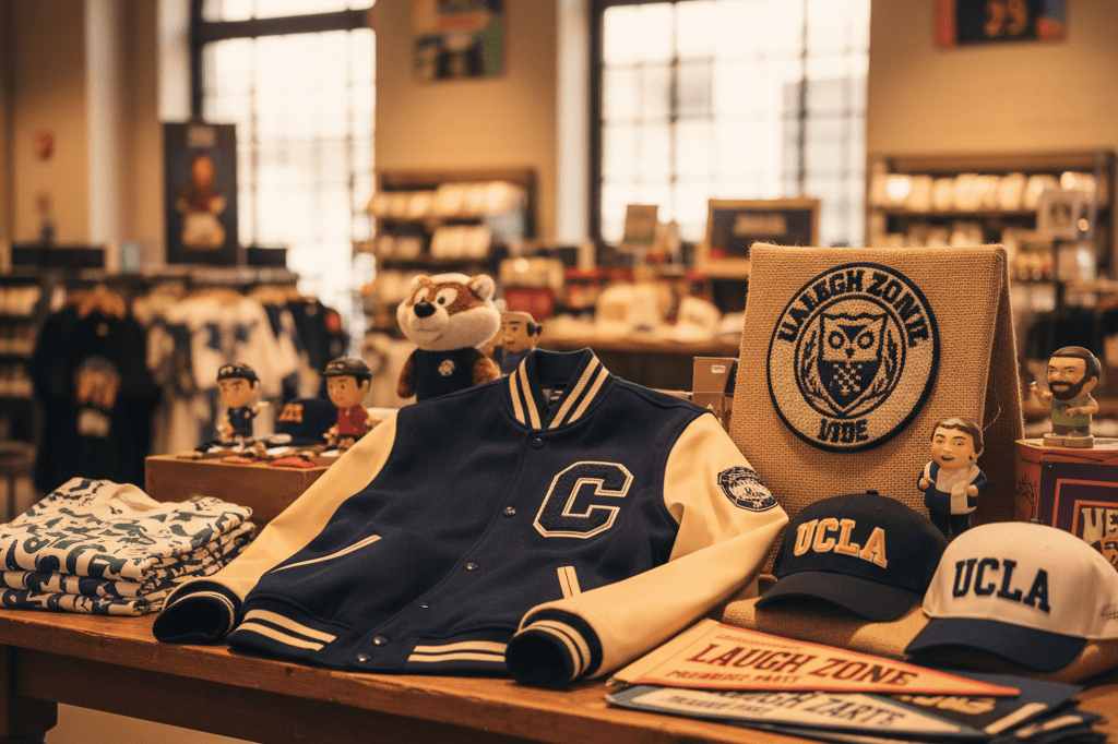 Generic varsity jacket and patches on a retail table under warm lights symbolizing entertainment driven sales