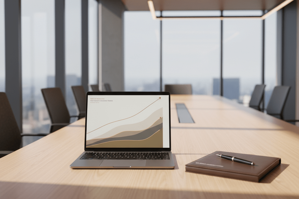 Medium shot of a sunlit boardroom table with laptop showing financial graphs and a leather-bound capital allocation report