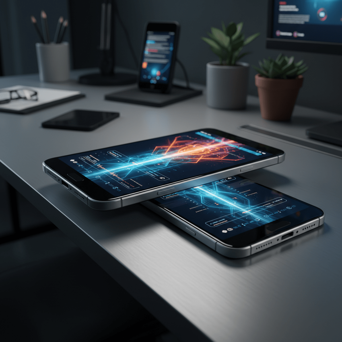 Futuristic slider phone with dual OLED screens displaying a connected UI on a desk.