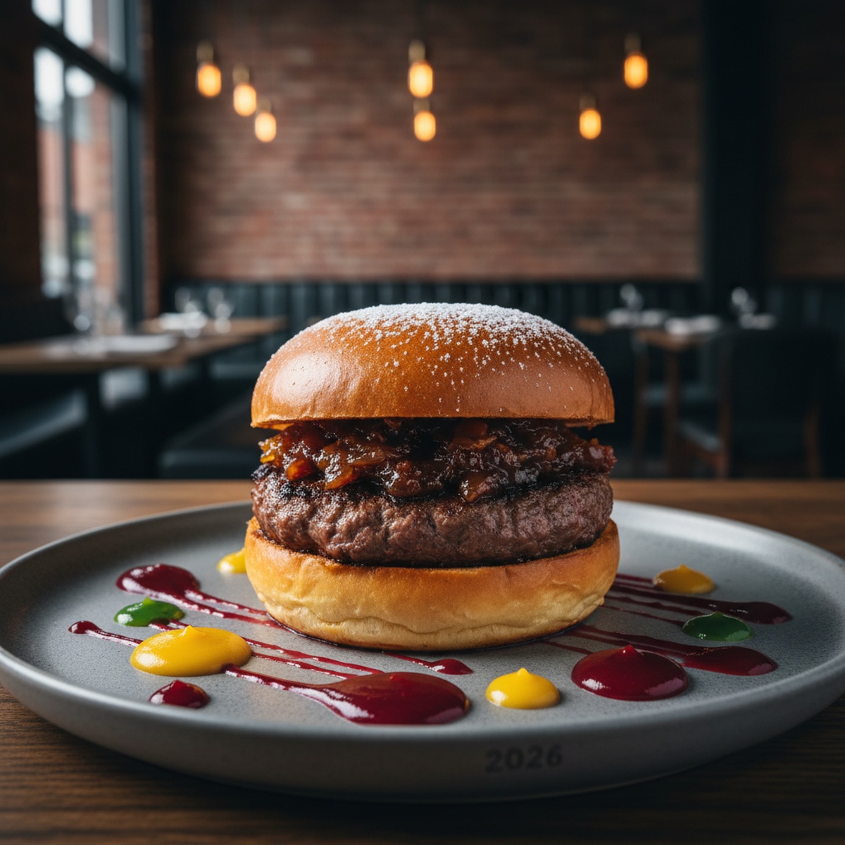 Extravagant gourmet beef sandwich with bacon jam on a buttery brioche bun.