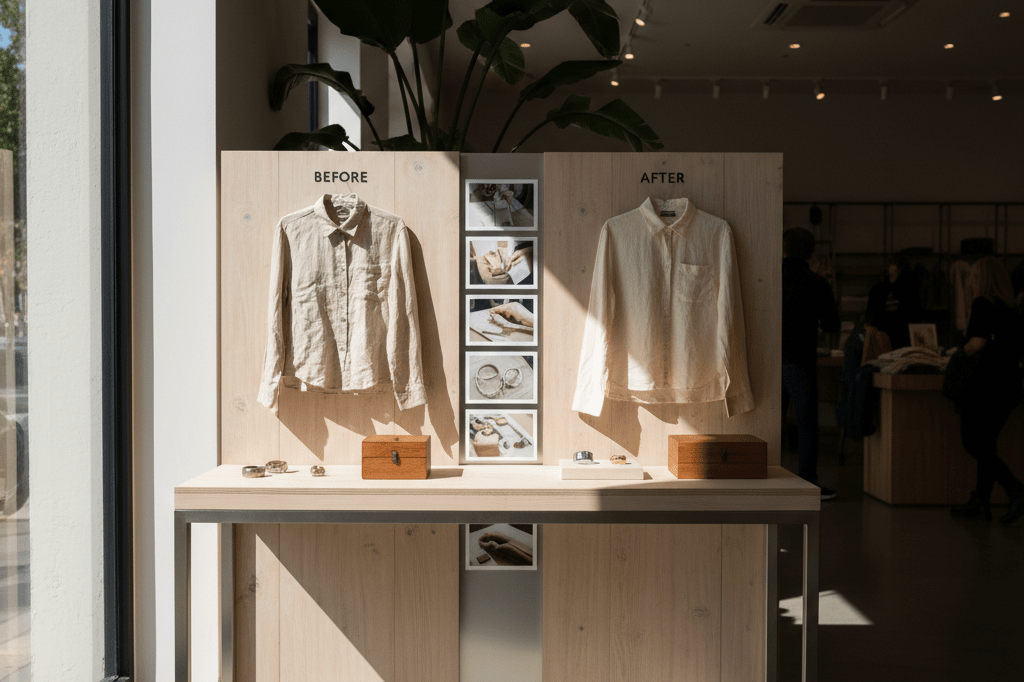 Stylish retail display with before-and-after narratives under natural light, creating immersive shopping experience