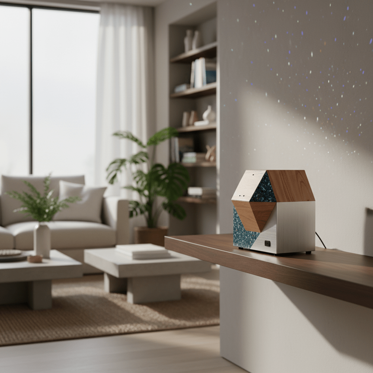 Minimalist star projector made of reclaimed wood and recycled plastic on a shelf.