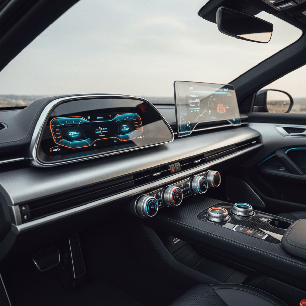 Futuristic car dashboard with illuminated digital readouts and haptic feedback dials.