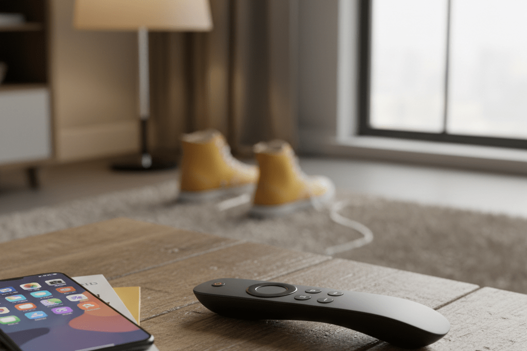 Streaming remote and youthful lifestyle items on a coffee table under ambient light, symbolizing teen content's industry impact