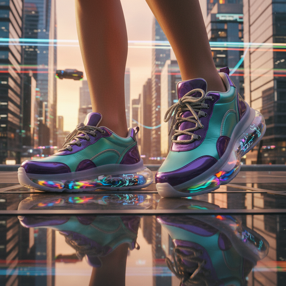 Futuristic sneakers with iridescent bubble soles and holographic panels on urban background.