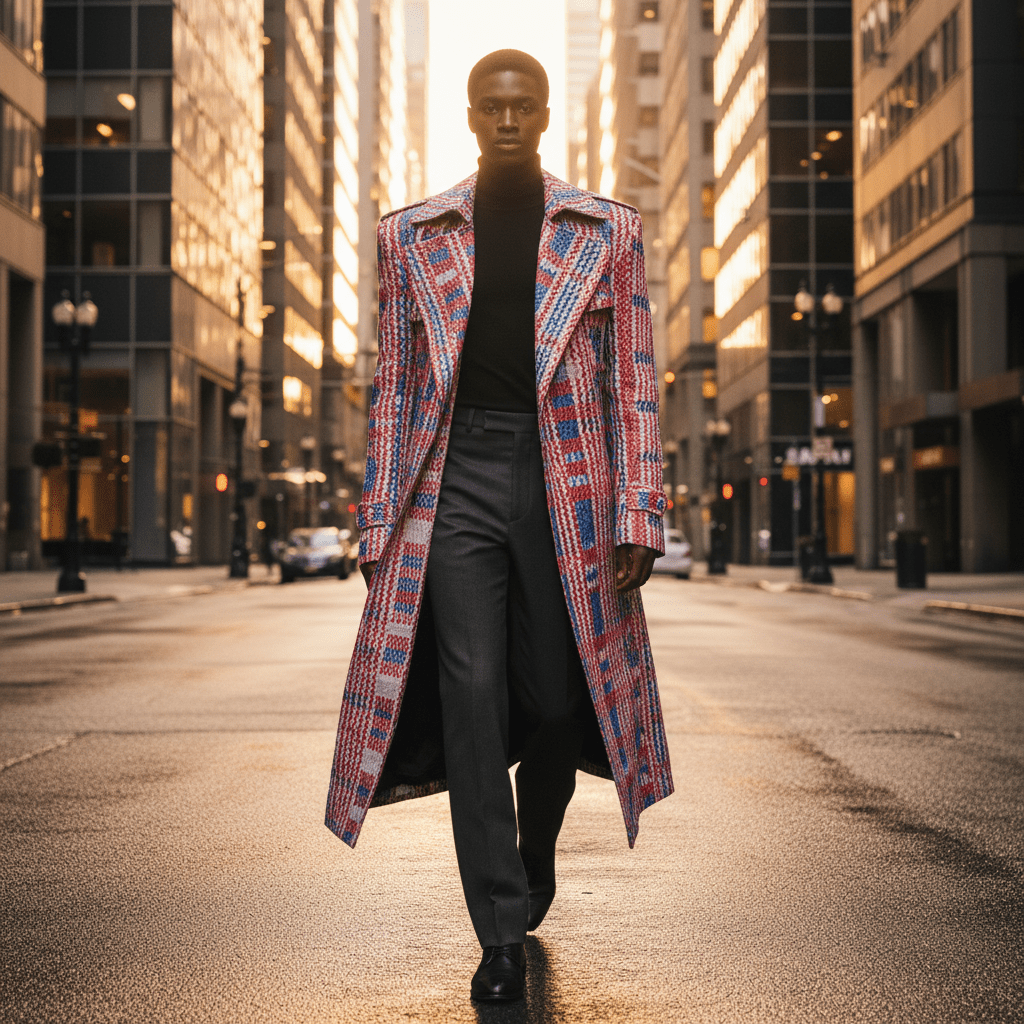 Sharp trench coat made of red, blue, white woven Ghana bag material on city street.