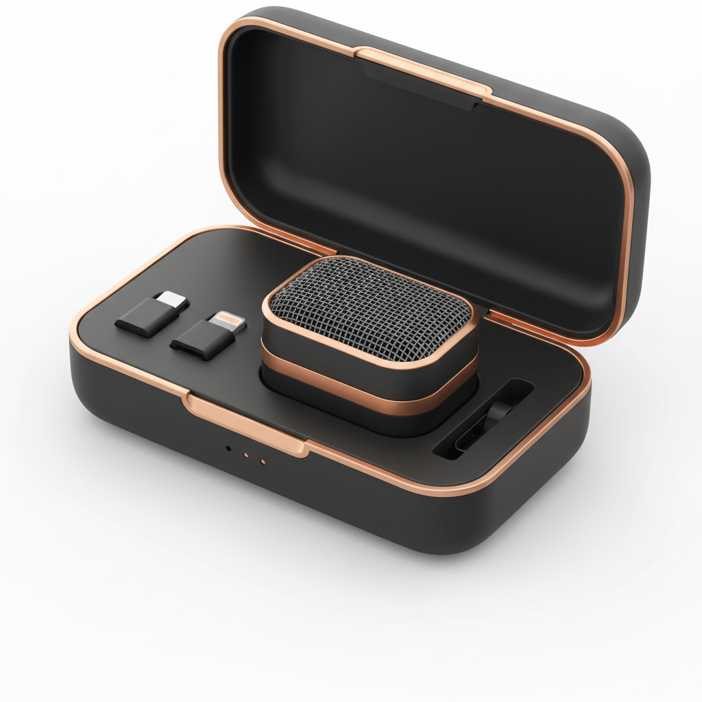 Minimalist wireless microphone system in a portable charging case with adapters.