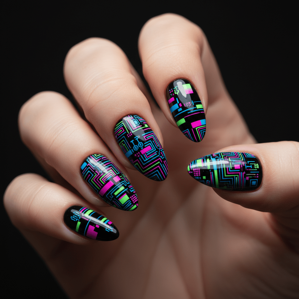 Trendy almond nails with geometric glitch art in vibrant colors on matte black.